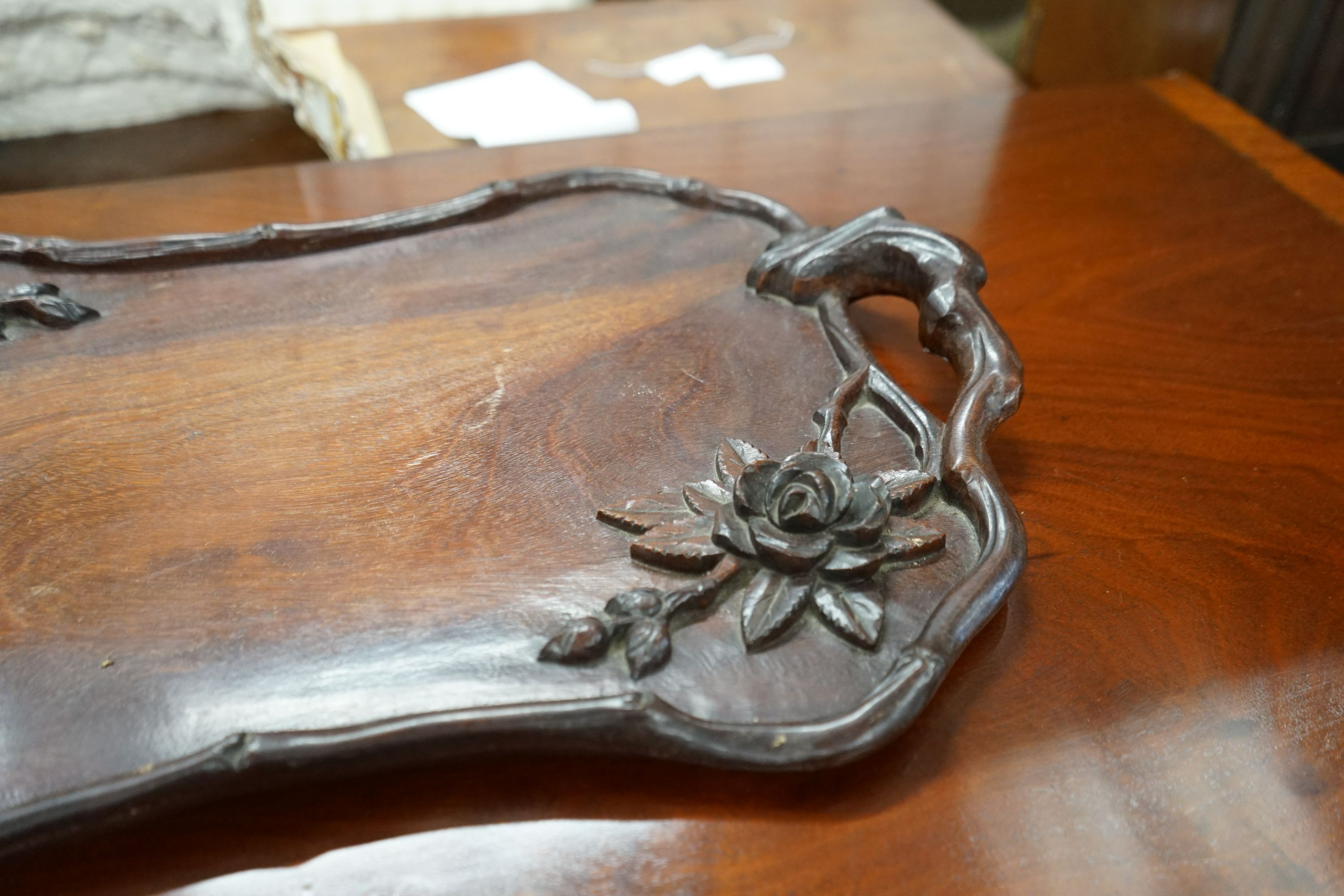 A brass bound staved mahogany waste paper bin, width 35cm, height 36cm together with a Chinese carved hardwood tray